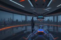 Engineers assembling a high-tech carbon-fiber industrial drone in a modern Indian laboratory with holographic displays and a city skyline at dusk.