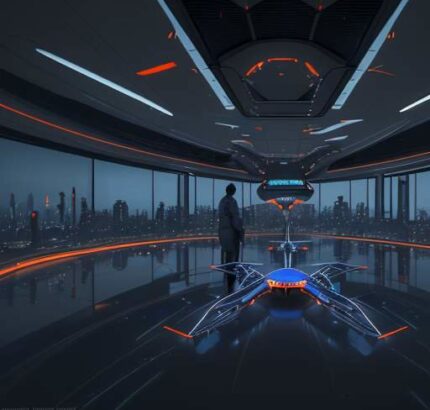 Engineers assembling a high-tech carbon-fiber industrial drone in a modern Indian laboratory with holographic displays and a city skyline at dusk.