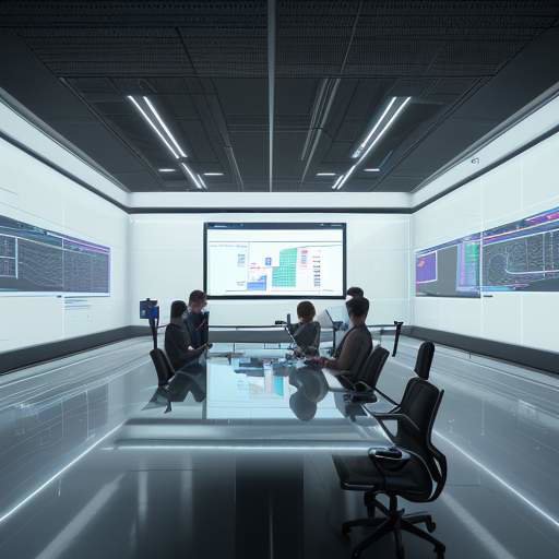 Engineers in a modern, high-tech control room monitoring holographic data visualizations of chip manufacturing processes.