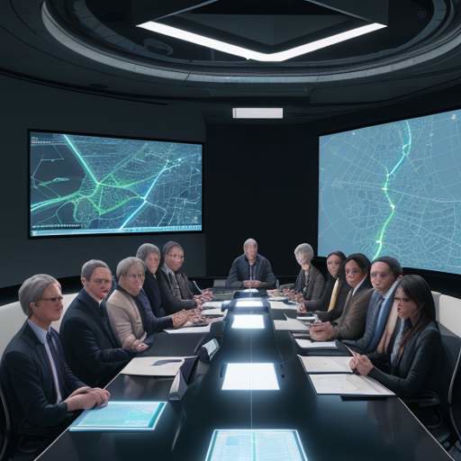 A diverse group of government officials and tech experts collaborate around a conference table, examining a holographic 3D city map.