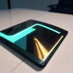 A close-up of a sleek, metallic-framed foldable smartphone partially unfolded on a marble table, displaying a vibrant neon gaming interface in a modern apartment.