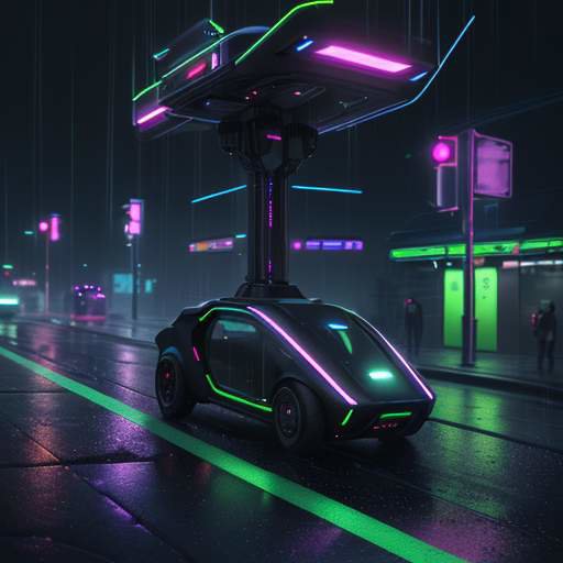 A futuristic autonomous delivery drone with glowing sensors hovering over a rain-slicked city street illuminated by neon lights at night.
