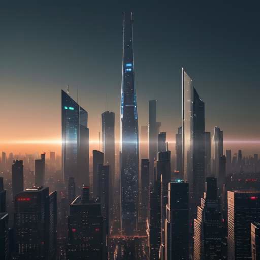 A cinematic, photorealistic sunrise over a futuristic city skyline with sleek glass skyscrapers and a high-tech transport vehicle on a glowing lane, symbolizing technological innovation.