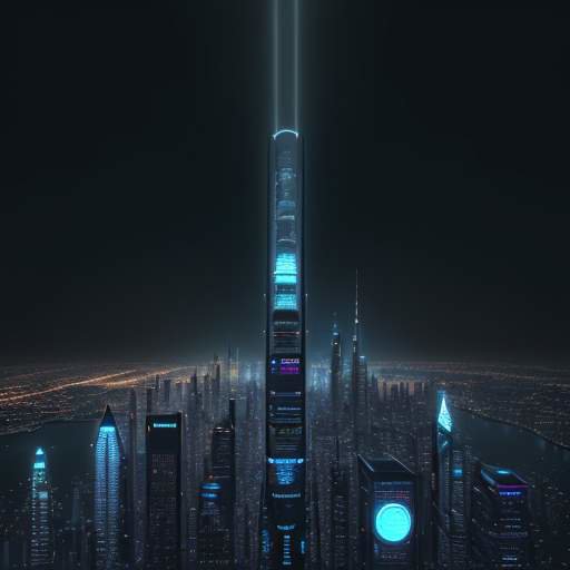 A futuristic city skyline at night with glowing digital data lines flowing between skyscrapers toward a high-tech satellite in the sky.