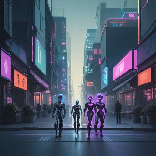 A futuristic city skyline at dusk featuring humanoid robots integrated into the urban environment, assisting people and carrying packages amidst vibrant neon lights.