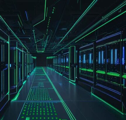 A cinematic, wide-angle view of a futuristic data center with glowing server racks and a holographic neural network overlay, illustrating the infrastructure for Physical AI.