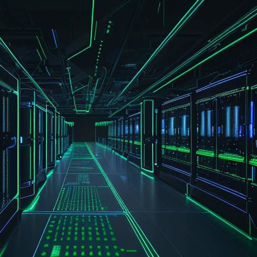 A cinematic, wide-angle view of a futuristic data center with glowing server racks and a holographic neural network overlay, illustrating the infrastructure for Physical AI.