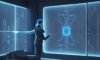 A person interacts with a translucent 3D holographic city data display in a sleek, futuristic living room with cinematic blue and amber lighting.