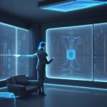 A person interacts with a translucent 3D holographic city data display in a sleek, futuristic living room with cinematic blue and amber lighting.