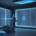 A person interacts with a translucent 3D holographic city data display in a sleek, futuristic living room with cinematic blue and amber lighting.