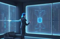 A person interacts with a translucent 3D holographic city data display in a sleek, futuristic living room with cinematic blue and amber lighting.