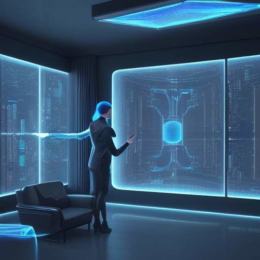 A person interacts with a translucent 3D holographic city data display in a sleek, futuristic living room with cinematic blue and amber lighting.