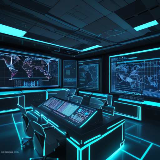 A futuristic, high-tech control room where operators monitor large holographic displays showing global logistics maps and real-time data streams under soft blue lighting.
