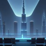 A futuristic high-tech conference hall in Dubai featuring a large holographic quantum processor, professionals in business attire, and the Burj Khalifa visible through a window.
