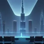 A futuristic high-tech conference hall in Dubai featuring a large holographic quantum processor, professionals in business attire, and the Burj Khalifa visible through a window.