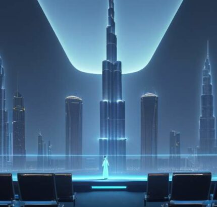 A futuristic high-tech conference hall in Dubai featuring a large holographic quantum processor, professionals in business attire, and the Burj Khalifa visible through a window.