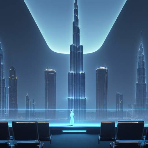 A futuristic high-tech conference hall in Dubai featuring a large holographic quantum processor, professionals in business attire, and the Burj Khalifa visible through a window.