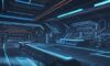 A cinematic, high-tech view of a futuristic semiconductor fabrication plant with robotic arms, neon lighting, and a holographic display showing complex circuit patterns on a microprocessor.