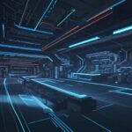 A cinematic, high-tech view of a futuristic semiconductor fabrication plant with robotic arms, neon lighting, and a holographic display showing complex circuit patterns on a microprocessor.