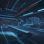 A cinematic, high-tech view of a futuristic semiconductor fabrication plant with robotic arms, neon lighting, and a holographic display showing complex circuit patterns on a microprocessor.
