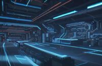 A cinematic, high-tech view of a futuristic semiconductor fabrication plant with robotic arms, neon lighting, and a holographic display showing complex circuit patterns on a microprocessor.