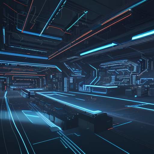 A cinematic, high-tech view of a futuristic semiconductor fabrication plant with robotic arms, neon lighting, and a holographic display showing complex circuit patterns on a microprocessor.