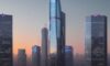 A futuristic glass skyscraper at dusk with a glowing holographic stock market graph and an "A" logo, symbolizing the intersection of high-tech growth and corporate AI development.