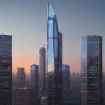 A futuristic glass skyscraper at dusk with a glowing holographic stock market graph and an "A" logo, symbolizing the intersection of high-tech growth and corporate AI development.