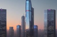 A futuristic glass skyscraper at dusk with a glowing holographic stock market graph and an "A" logo, symbolizing the intersection of high-tech growth and corporate AI development.