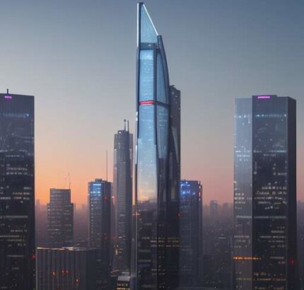 A futuristic glass skyscraper at dusk with a glowing holographic stock market graph and an "A" logo, symbolizing the intersection of high-tech growth and corporate AI development.