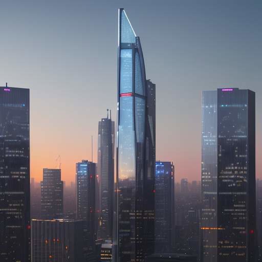 A futuristic glass skyscraper at dusk with a glowing holographic stock market graph and an "A" logo, symbolizing the intersection of high-tech growth and corporate AI development.
