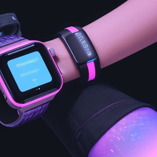A close-up of a sleek, futuristic smartwatch with a glowing holographic interface showing health metrics and a calendar, set against a blurred neon city at night.