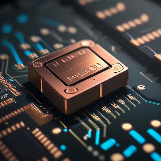 Macro close-up of a glowing high-end computer chip and memory modules on a dark metallic surface in a high-tech R&D laboratory.