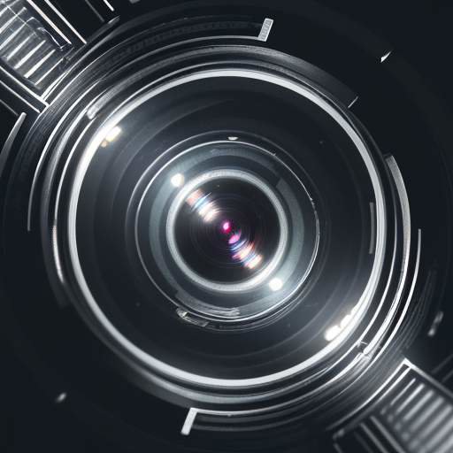 A close-up, photorealistic shot of a high-tech camera lens featuring intricate mechanical parts and a glowing microchip embedded near the glass.