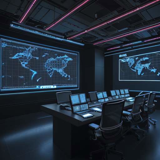 A high-tech command center with glowing screens displaying complex data visualizations, maps of the United States, and scrolling lines of code in a cinematic, professional setting.