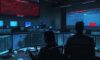 A cinematic, blue-toned shot of a high-tech government operations center with glowing monitors displaying complex network maps and red warning icons, silhouetting security analysts in the background.