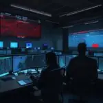 A cinematic, blue-toned shot of a high-tech government operations center with glowing monitors displaying complex network maps and red warning icons, silhouetting security analysts in the background.