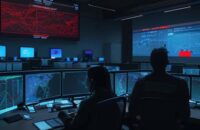 A cinematic, blue-toned shot of a high-tech government operations center with glowing monitors displaying complex network maps and red warning icons, silhouetting security analysts in the background.