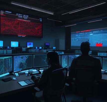 A cinematic, blue-toned shot of a high-tech government operations center with glowing monitors displaying complex network maps and red warning icons, silhouetting security analysts in the background.