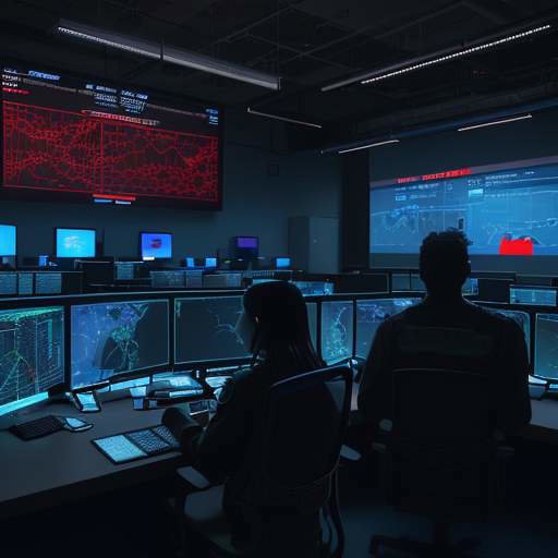 A cinematic, blue-toned shot of a high-tech government operations center with glowing monitors displaying complex network maps and red warning icons, silhouetting security analysts in the background.
