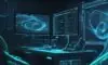 A cinematic shot of a high-tech laboratory featuring glowing blue and gold holographic fluid dynamics and complex mathematical equations on a computer terminal.