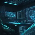 A cinematic shot of a high-tech laboratory featuring glowing blue and gold holographic fluid dynamics and complex mathematical equations on a computer terminal.