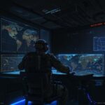 A cinematic shot of a high-tech military command center where soldiers in tactical gear monitor orbital maps and satellite data on glowing screens with a holographic projection of a satellite constellation.
