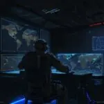 A cinematic shot of a high-tech military command center where soldiers in tactical gear monitor orbital maps and satellite data on glowing screens with a holographic projection of a satellite constellation.