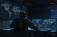 A cinematic shot of a high-tech military command center where soldiers in tactical gear monitor orbital maps and satellite data on glowing screens with a holographic projection of a satellite constellation.