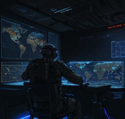 A cinematic shot of a high-tech military command center where soldiers in tactical gear monitor orbital maps and satellite data on glowing screens with a holographic projection of a satellite constellation.
