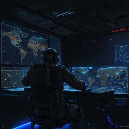 A cinematic shot of a high-tech military command center where soldiers in tactical gear monitor orbital maps and satellite data on glowing screens with a holographic projection of a satellite constellation.