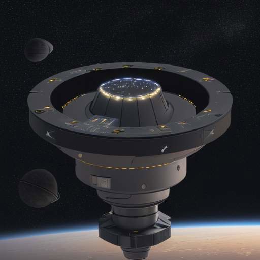 A high-tech satellite component with a matte metallic finish and a precision optical lens for laser communication, set against a background of deep space and distant stars.