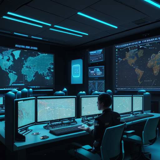 A high-tech command center with operators monitoring glowing 3D satellite orbit maps and data nodes on large screens in a futuristic, blue-toned control room.