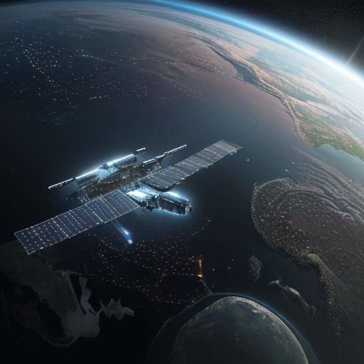 A photorealistic, cinematic shot of a high-tech satellite with glowing solar panels orbiting Earth at night, overlooking a landscape of shimmering city lights.